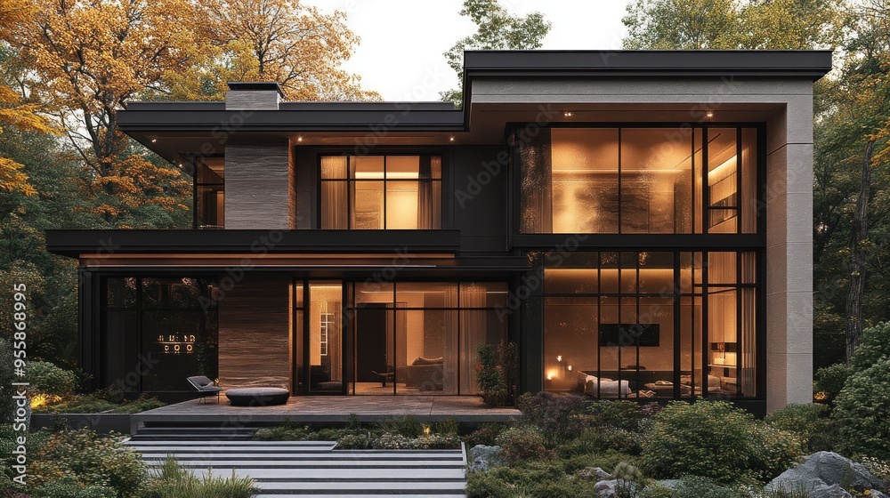 Modern house surrounded by nature with large glass windows.