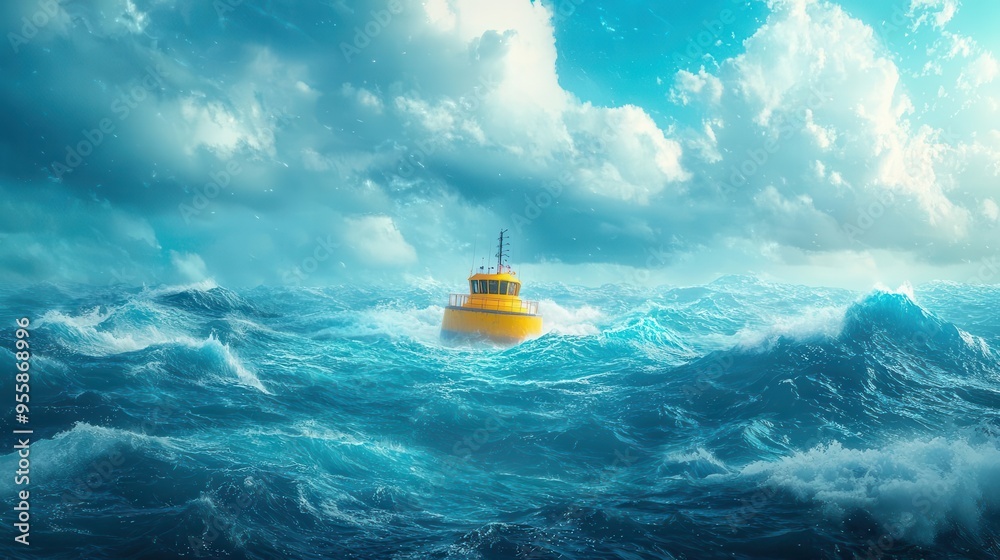 Wave energy converters in rough sea captured in a dynamic, wideangle shot with crashing waves and vibrant blue water Wave energy converters in rough sea captured in a dynamic, wideangle shot with crashing waves and vibrant blue water