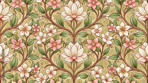 Art nouveau seamless pattern featuring blossoms, art nouveau, seamless, pattern, floral, design, elegant, vintage, retro