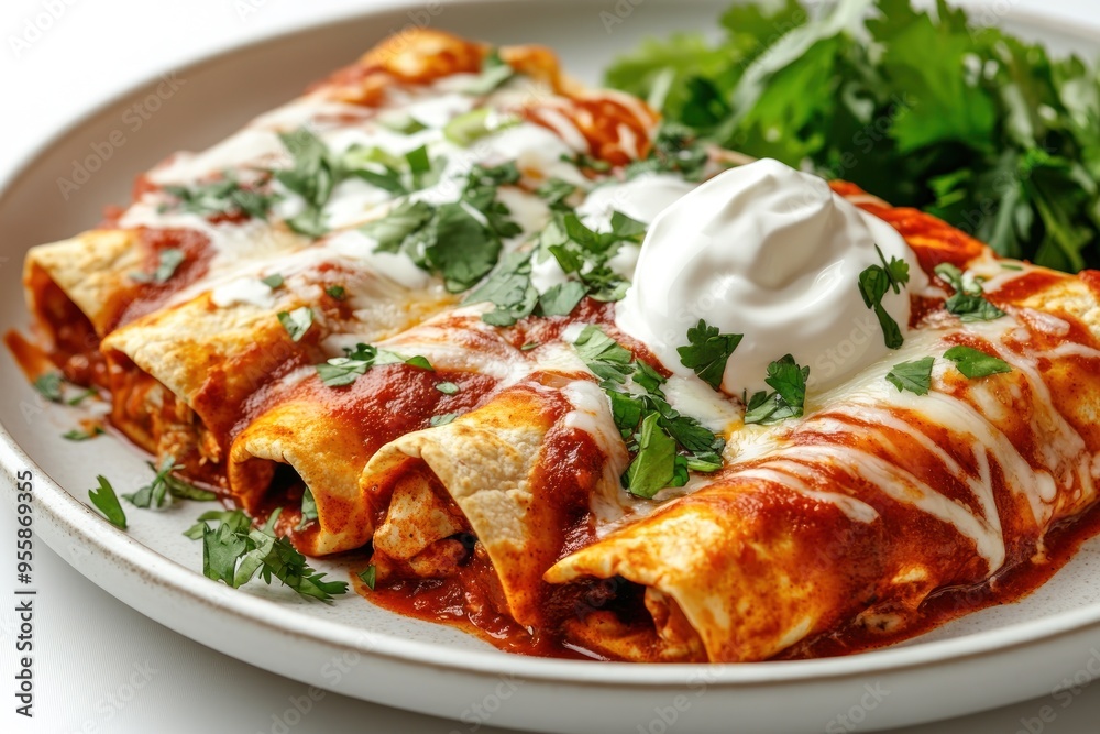 Close-up of Savory Enchiladas Topped with Sour Cream and Parsley Close-up of Savory Enchiladas Topped with Sour Cream and Parsley