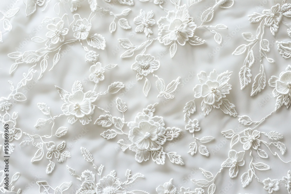 Elegant White Lace Fabric with Delicate Floral Embellishments Elegant White Lace Fabric with Delicate Floral Embellishments