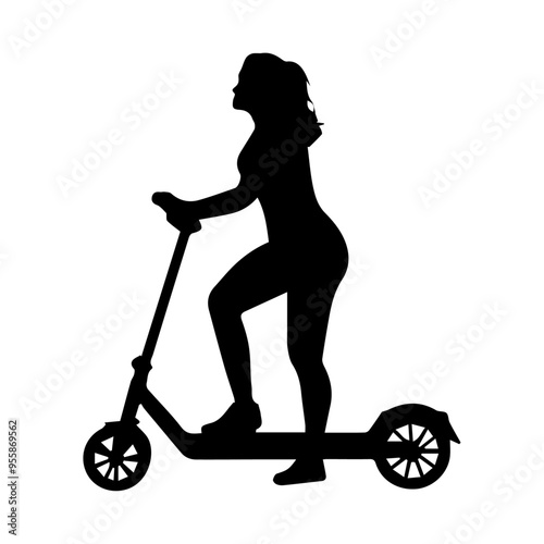 Silhouette of a woman on a scooter on a transparent background