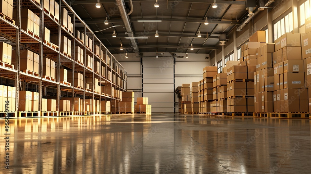 Neatly Stacked Boxes and Equipment in a Spacious Warehouse: Organized Storage Area for Various Products Neatly Stacked Boxes and Equipment in a Spacious Warehouse: Organized Storage Area for Various Products