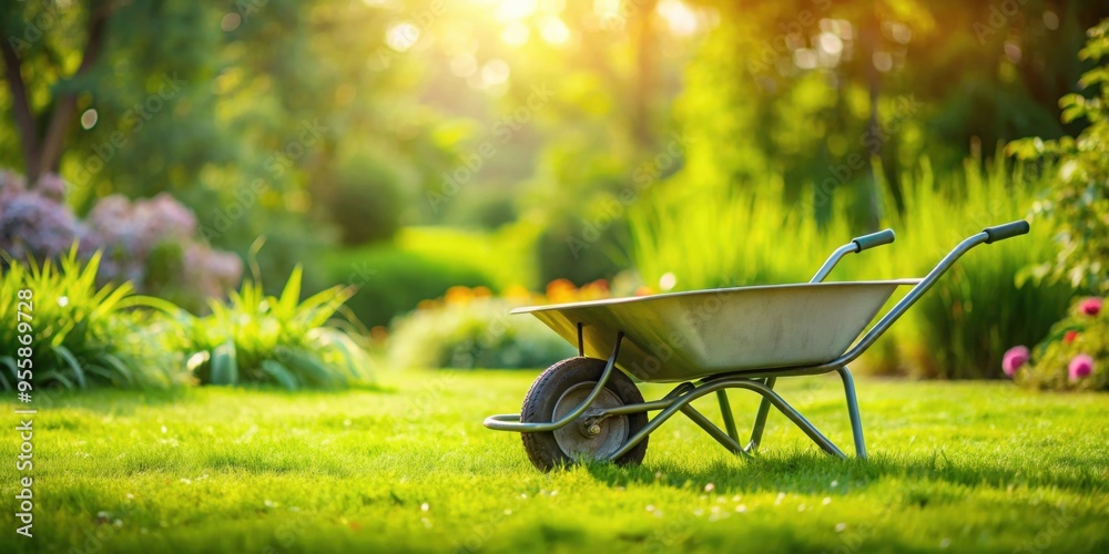 A wheelbarrow sitting on lush green grass in a garden , wheelbarrow, grass, gardening tools, outdoor, nature A wheelbarrow sitting on lush green grass in a garden , wheelbarrow, grass, gardening tools, outdoor, nature