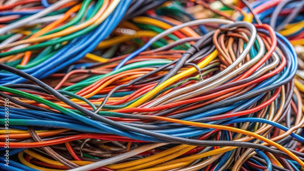 Close up of various tangled cables , technology, connection, wires, electronics, computer, network, data, internet, electrical Close up of various tangled cables , technology, connection, wires, electronics, computer, network, data, internet, electrical