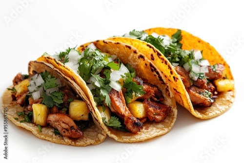 Three Grilled Chicken Tacos with Pineapple, Cilantro, and Onion