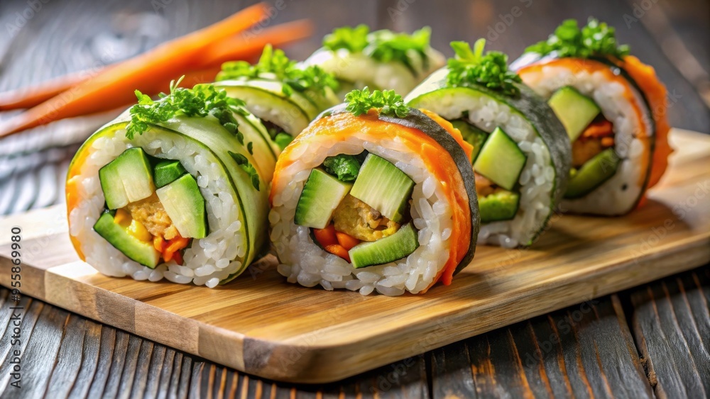 Vegetarian sushi roll with fresh vegetables including avocado, cucumber, and carrot , Japanese cuisine, healthy eating Vegetarian sushi roll with fresh vegetables including avocado, cucumber, and carrot , Japanese cuisine, healthy eating