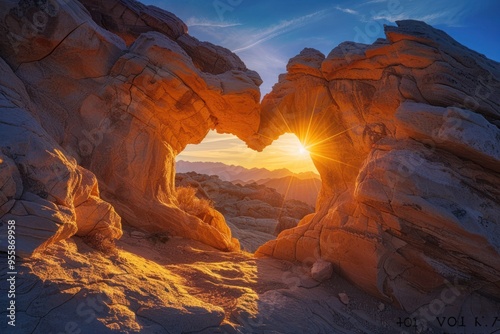 A heart-shaped rock formation in the desert at sunset, with warm hues and a radiant sun rays shining