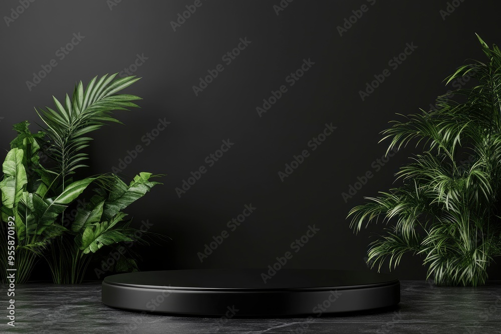 Full black podium pedestal with dark stuff for Black Friday offer presentation in 3D rendering. Elegant platform for promotional marketing discount and online shopping concept with generative ai Full black podium pedestal with dark stuff for Black Friday offer presentation in 3D rendering. Elegant platform for promotional marketing discount and online shopping concept with generative ai