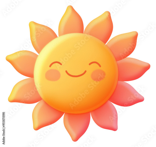 A cheerful cartoon sun character with a smiling face and vibrant orange rays isolated on transparent background.