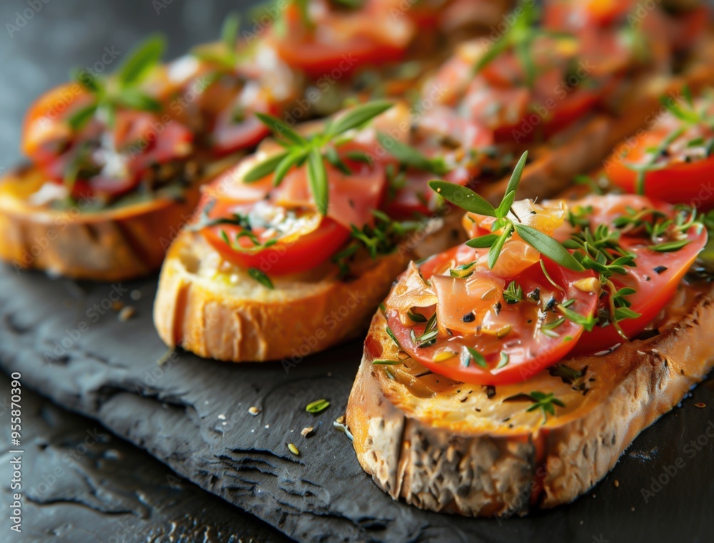 Rustic tapas spread on black background, gourmet food photography