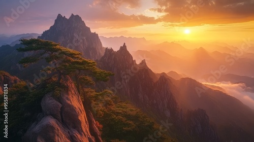 A breathtaking panoramic view of the Huangshan Mountains in China, bathed in the golden light of sunrise. The majestic peaks rise dramatically from a sea of mist, creating a scene of awe-inspiring bea photo