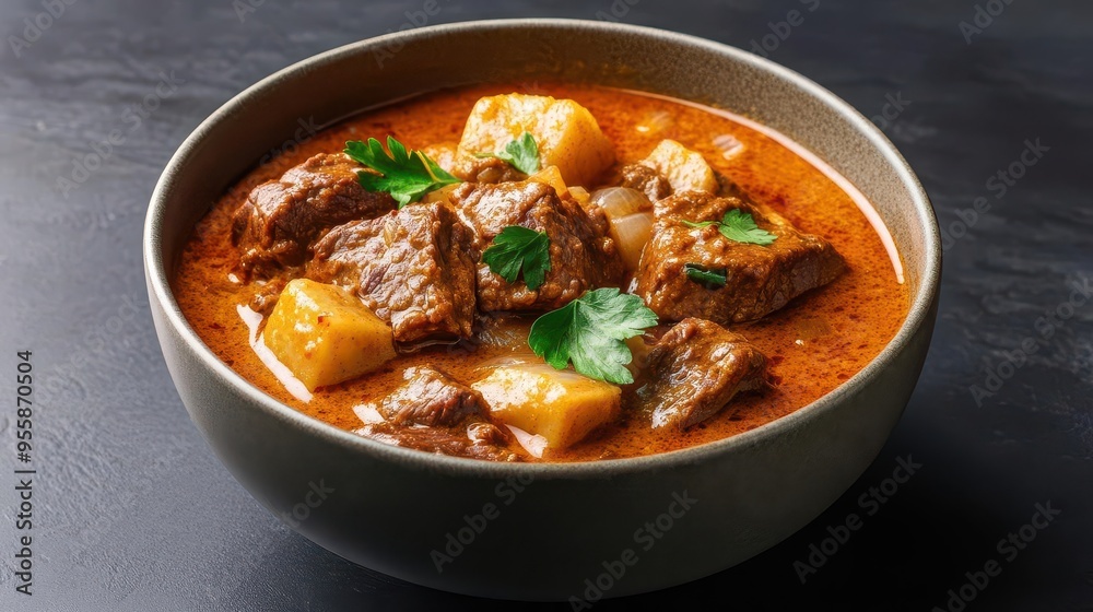 A bowl of Thai beef massaman curry, warmly lit to enhance the rich flavors, beef massaman curry, studio lighting, rich A bowl of Thai beef massaman curry, warmly lit to enhance the rich flavors, beef massaman curry, studio lighting, rich