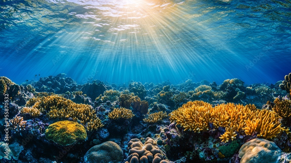 Fototapeta premium A breathtaking underwater scene showcasing a vibrant coral reef teeming with life. Sunbeams pierce through the crystal-clear water, illuminating the colorful coral formations and highlighting the beau
