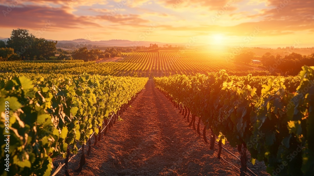 Fototapeta premium A breathtaking sunset paints the sky with vibrant hues of orange and gold, illuminating rows of grapevines in a vineyard. The warm light casts long shadows, creating a picturesque landscape. The imag
