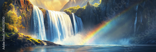 A breathtaking view of a cascading waterfall plunging down a rocky cliff, illuminated by golden sunlight. A vibrant rainbow arches over the falls, symbolizing hope, peace, and nature's beauty. Lush gr photo