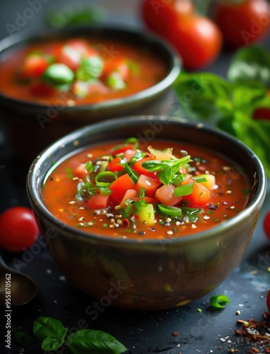 Close up photography of traditional Gazpacho with fresh organic ingredients