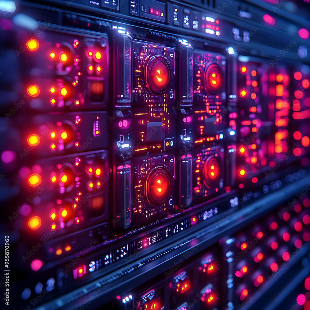 Futuristic Server Rack with Red Lights - 3D Illustration Futuristic Server Rack with Red Lights - 3D Illustration