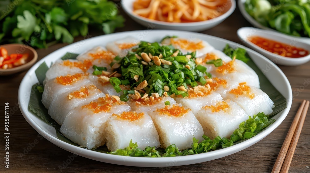 A plate of banh beo steamed rice cakes with focused lighting, banh beo, studio lighting, steamed rice cakes A plate of banh beo steamed rice cakes with focused lighting, banh beo, studio lighting, steamed rice cakes