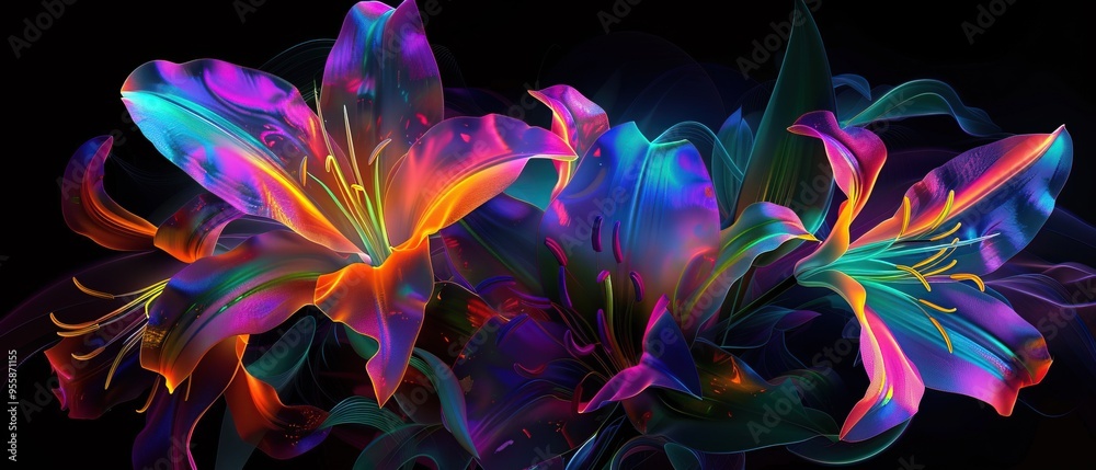 Fototapeta Vibrant Holographic Lilies in a Dark Cosmic Landscape