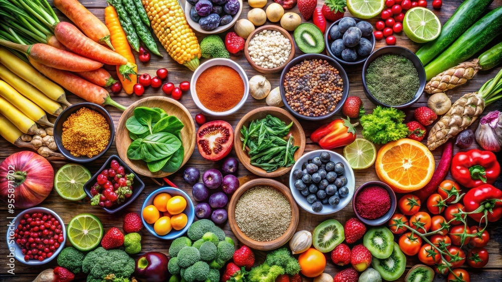 Fresh vegetables, fruits and superfoods displayed in a colorful and bountiful arrangement, nutrition, healthy eating Fresh vegetables, fruits and superfoods displayed in a colorful and bountiful arrangement, nutrition, healthy eating