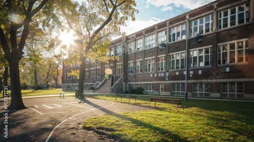 Sun-drenched Brick Building with a Basketball Court and Fall Foliage