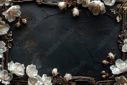 Black and Gold Frame Decorated with Delicate White Flowers photo