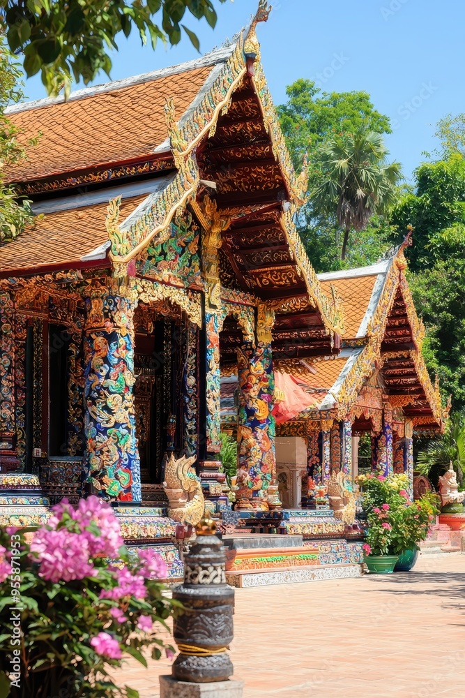 Obraz premium Colorful Temple Facade with Intricate Decorations and Flowers in Thailand