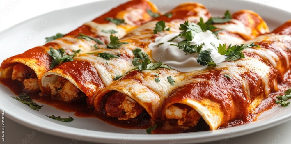 Close-up of Chicken Enchiladas with Red Sauce, Sour Cream, and Cilantro Close-up of Chicken Enchiladas with Red Sauce, Sour Cream, and Cilantro