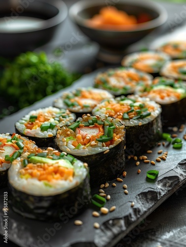 Traditional Futomaki rolls with vegetables and omelette on a black background, close up