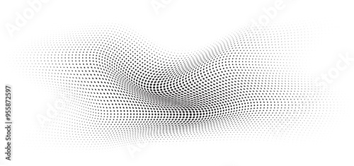 Flowing Wave Dot Halftone Pattern: Curve Gradient Shape on Transparent Background. Suitable for AI, Tech, Network, Digital, Science, and Technology Themes.