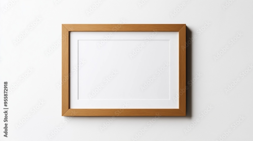 An empty wooden frame ready for artwork hanging on a clean white wall in a bright room. An empty wooden frame ready for artwork hanging on a clean white wall in a bright room.
