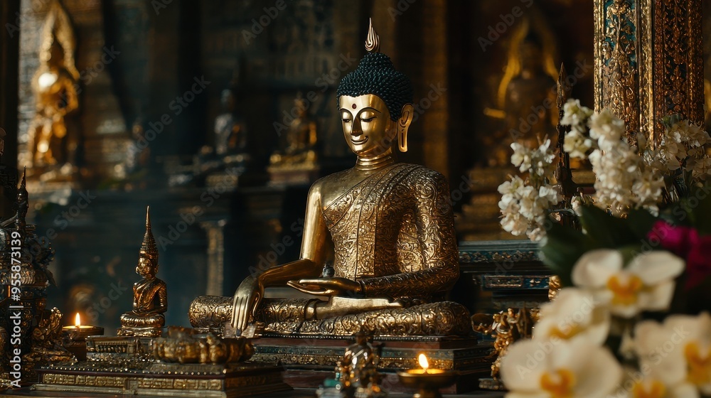 Fototapeta premium Golden Buddha Statue in Temple with Flowers and Candles