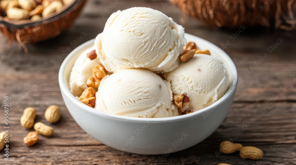 A serving of Thai coconut ice cream with peanuts, captured under soft lighting, coconut ice cream, studio lighting, peanuts A serving of Thai coconut ice cream with peanuts, captured under soft lighting, coconut ice cream, studio lighting, peanuts