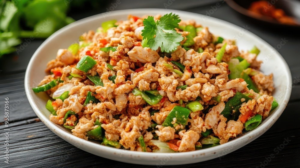 A serving of Thai larb gai spicy minced chicken salad under soft, natural lighting, larb gai, studio lighting, minced chicken