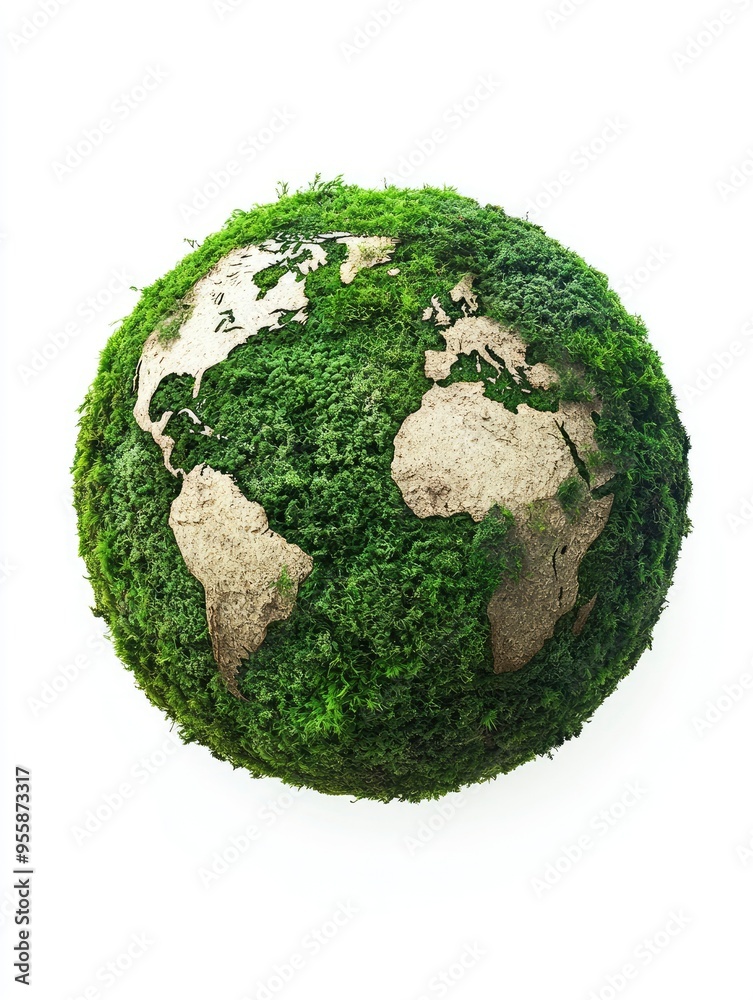 Green planet Earth from moss isolated on white background. Symbol of sustainable development and renewable energy with generative ai Green planet Earth from moss isolated on white background. Symbol of sustainable development and renewable energy with generative ai