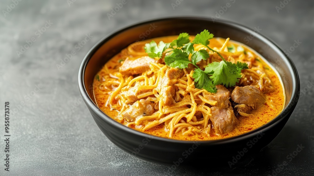 A serving of Thai spicy pork curry khao soi under warm lighting, khao soi, studio lighting, pork curry