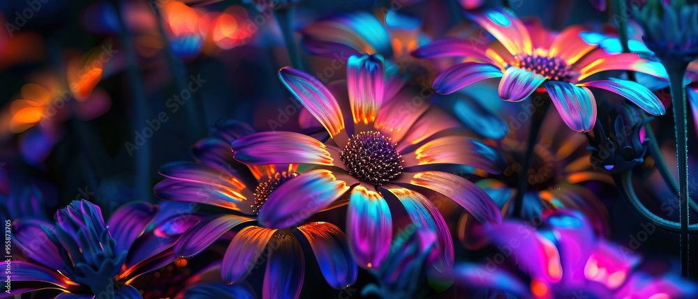 Vibrant Neon Flowers in a Night Garden Vibrant Neon Flowers in a Night Garden