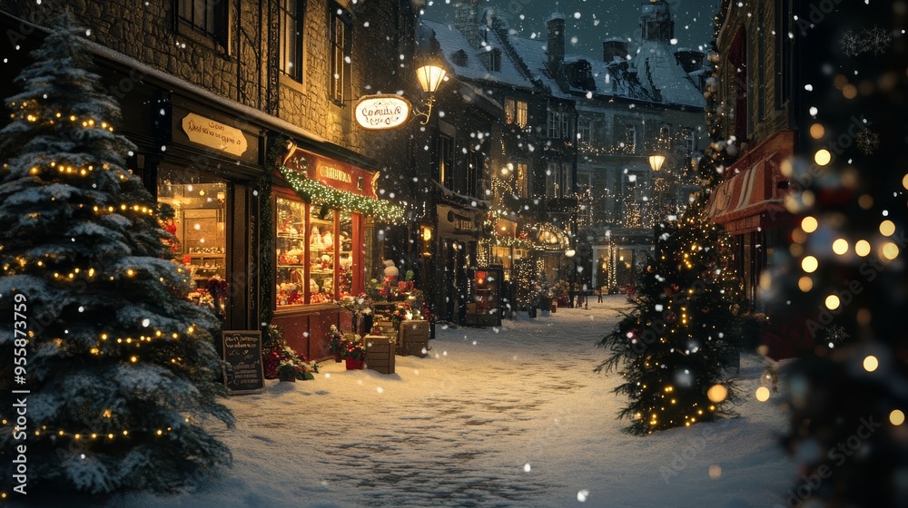 A charming winter street scene with cozy shops adorned with twinkling Christmas lights and festive decorations. The snow-covered street, illuminated by street lamps, creates a warm and magical atmosph A charming winter street scene with cozy shops adorned with twinkling Christmas lights and festive decorations. The snow-covered street, illuminated by street lamps, creates a warm and magical atmosph