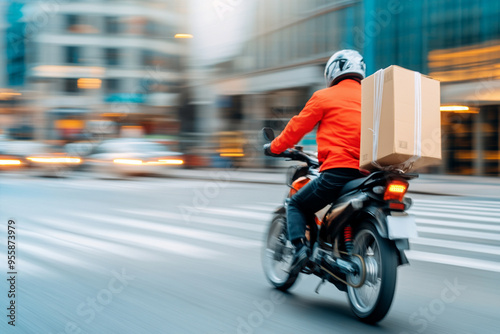 A motorcycle courier in motion delivers package through bustling city street, showcasing speed and efficiency of modern delivery services.