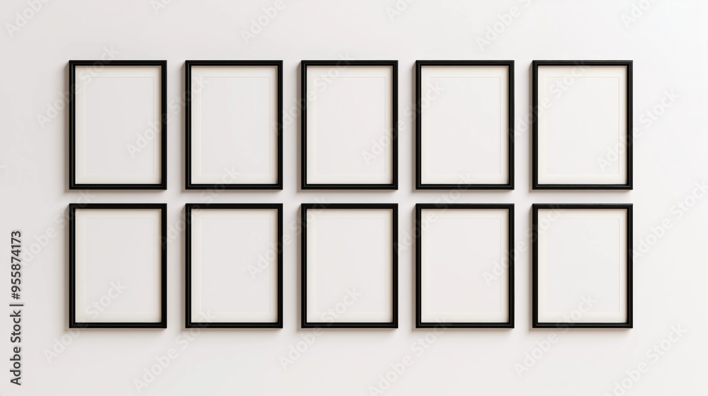 A grid of empty black frames arranged on a white wall waiting for artwork or photos to be displayed creatively. A grid of empty black frames arranged on a white wall waiting for artwork or photos to be displayed creatively.