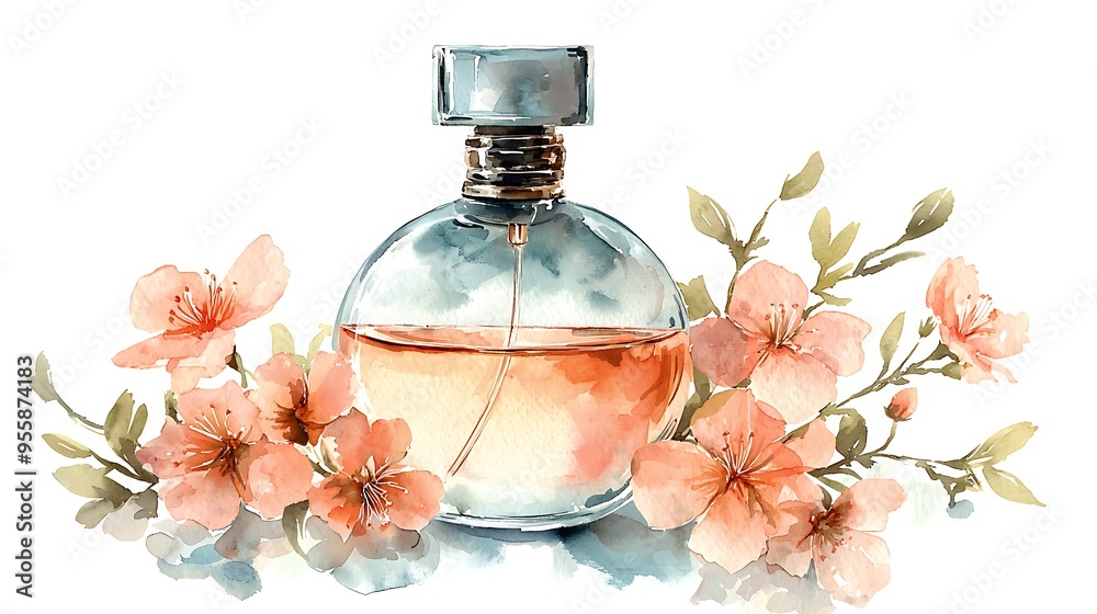 An illustration of a perfume bottle with flowers, crafted in watercolor, highlighting the delicate fusion of scent and art. An illustration of a perfume bottle with flowers, crafted in watercolor, highlighting the delicate fusion of scent and art.