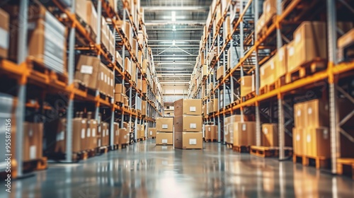 Efficient Inventory Management: Spacious Warehouse Featuring Neatly Stacked Boxes and Equipment