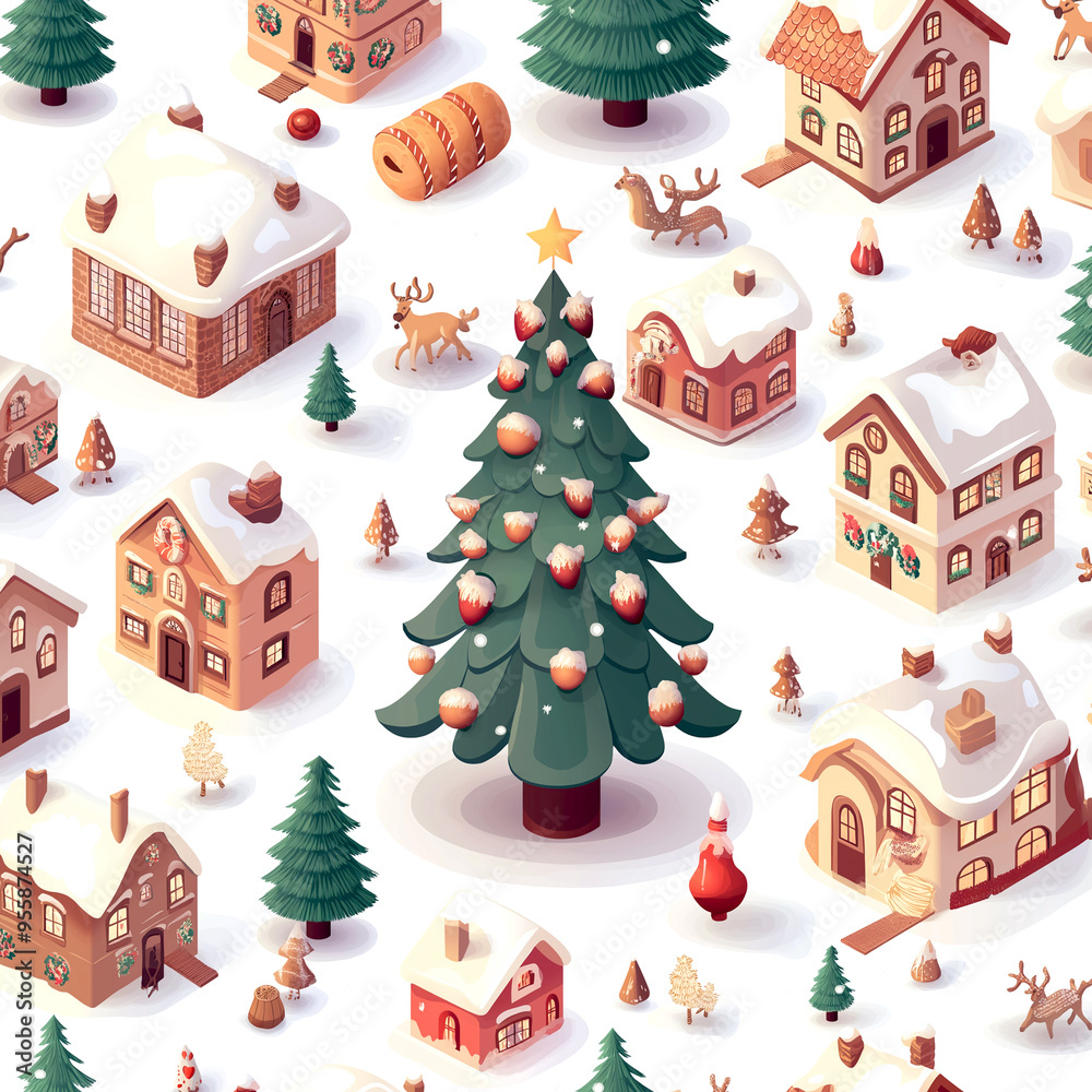 Fototapeta premium Christmas tree and house village pattern snow winter season holiday 3D isometric illustration