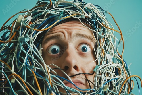 A surprised person emerges from a chaotic tangle of wires, illustrating confusion and overwhelming technology in modern life.