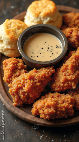 Southern Fried Chicken with Biscuits and Gravy in Classic Comfort Food Style