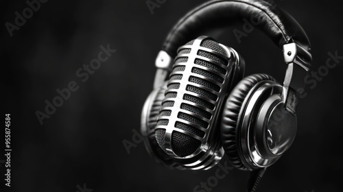 Vintage Microphone Attached to Headphones