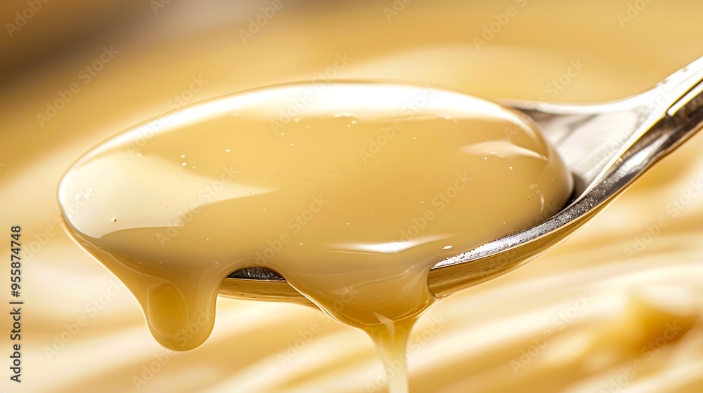 Close-up of a spoon with sweet condensed milk isolated on background, perfect as a dipping sauce for food or bread Close-up of a spoon with sweet condensed milk isolated on background, perfect as a dipping sauce for food or bread