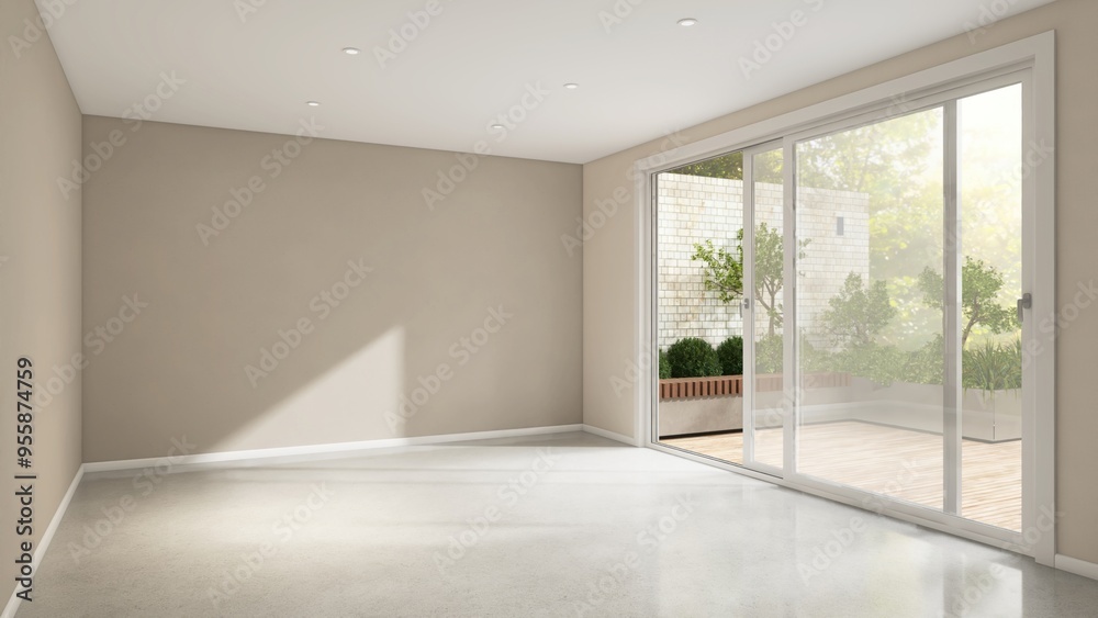 Fototapeta premium Empty room with beige brown wall in sunlight from white frame glass sliding door to courtyard with tree for luxury, minimal interior design decoration, product background 3D