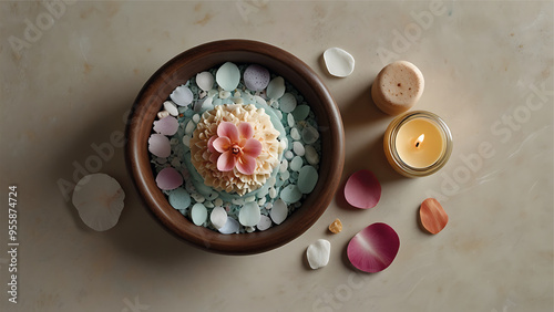 a Spa Relaxation Setup with Skincare Products and Wellness Items photo